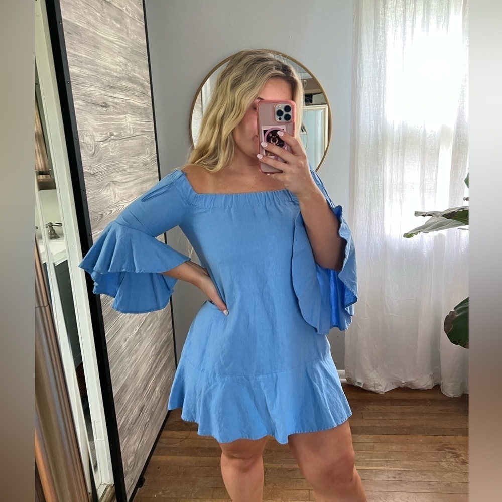 Zara Off Shoulder Blue Linen Dress XS